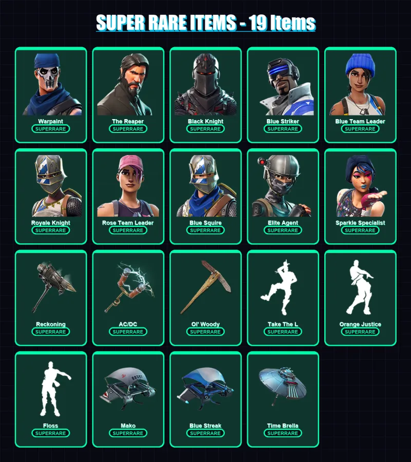 [PS4/PS5/XBOX/PC] | Warpaint | The Reaper | Black Knight | Blue Striker | Blue Team Leader | 48 skin | 64 pickaxe | 57 emote | 66 glider | Lv881