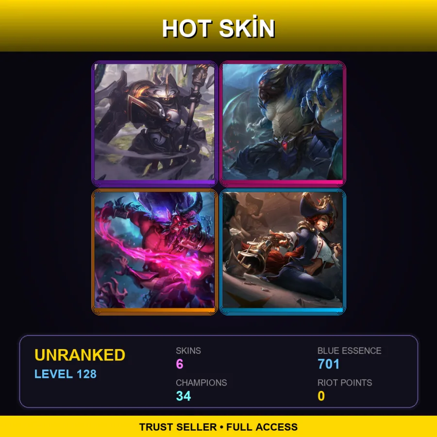 LAN | Lv128 | Unranked | 6 Skin | 34 Champ — LoL account