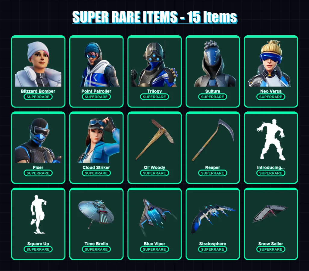 [PC/XBOX/PSN] | Blizzard Bomber | Point Patroller | Trilogy | Sultura | Neo Versa | 100 skin | 117 pickaxe | 89 emote | 96 glider | Lv1527 — Fortnite account