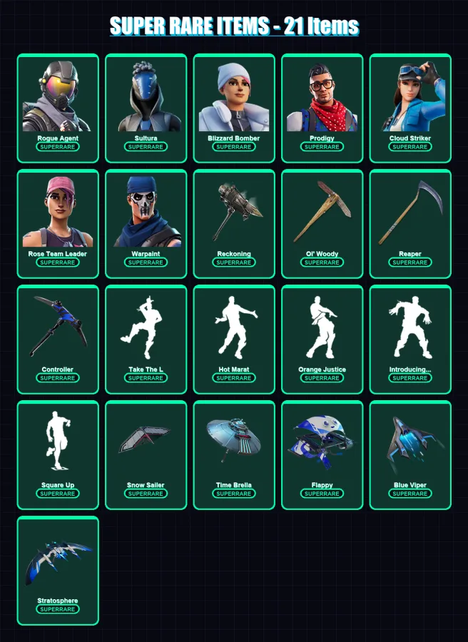 [PS4/PS5/XBOX/PC] | Rogue Agent | Sultura | Blizzard Bomber | Prodigy | Cloud Striker | 208 skin | 194 pickaxe | 186 emote | 181 glider | Lv2635