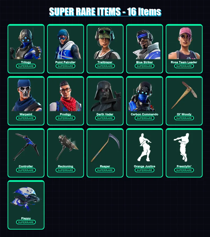 [PS4/PS5/XBOX/PC] | Trilogy | Point Patroller | Trailblazer | Blue Striker | Rose Team Leader | 84 skin | 130 pickaxe | 84 emote | 114 glider | Lv14