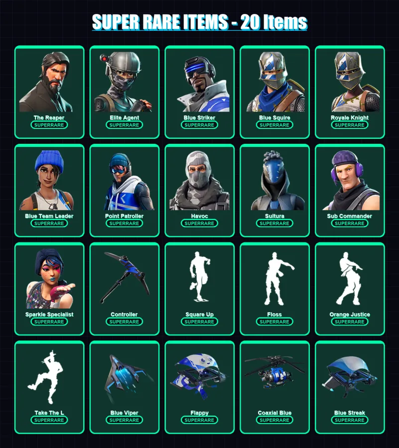 [PS4/PS5/XBOX/PC] | The Reaper | Elite Agent | Blue Striker | Blue Squire | Royale Knight | 42 skin | 94 pickaxe | 63 emote | 83 glider | Lv1628