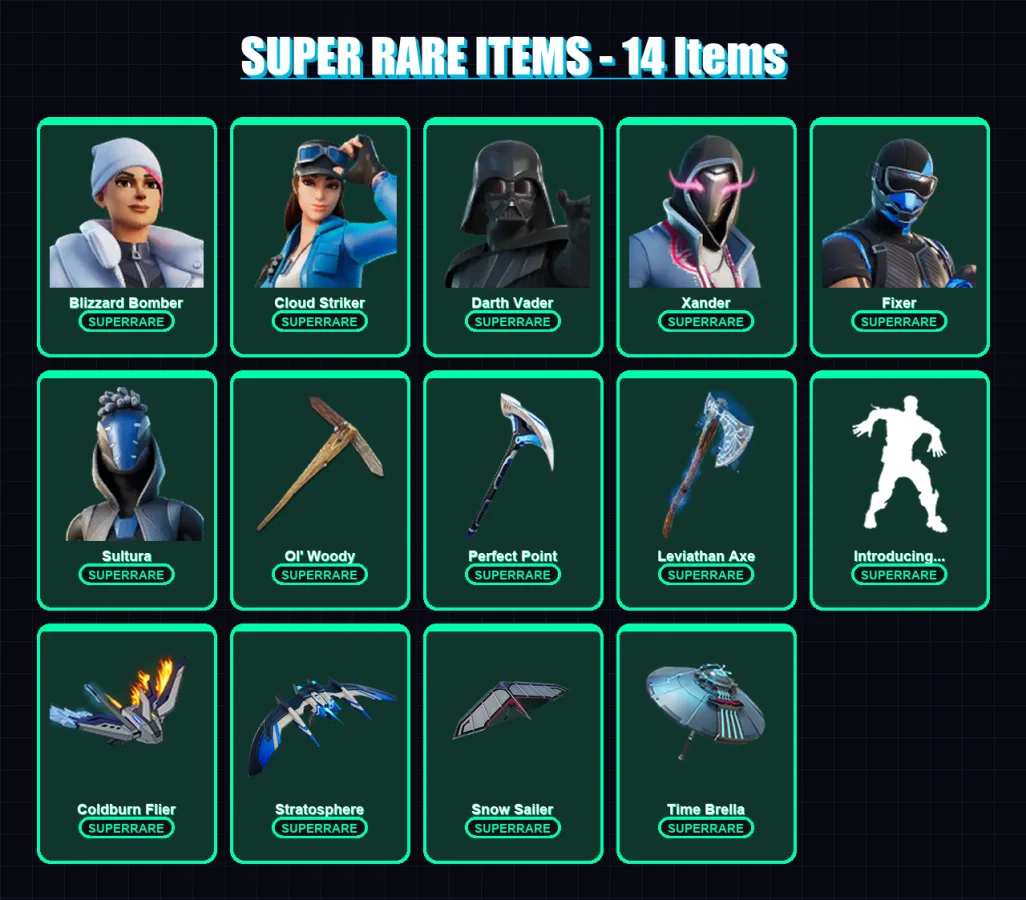 [PS4/PS5/XBOX/PC] | Blizzard Bomber | Cloud Striker | Darth Vader | Xander | Fixer | 433 skin | 442 pickaxe | 335 emote | 295 glider | Lv4533