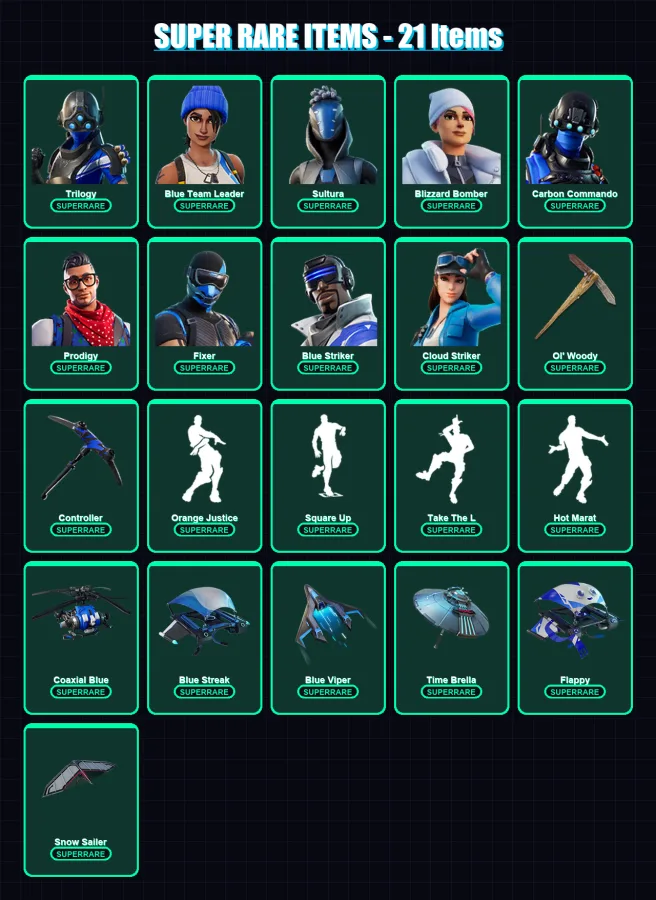 [PS4/PS5/XBOX/PC] | Trilogy | Blue Team Leader | Sultura | Blizzard Bomber | Carbon Commando | 69 skin | 130 pickaxe | 99 emote | 116 glider | Lv139