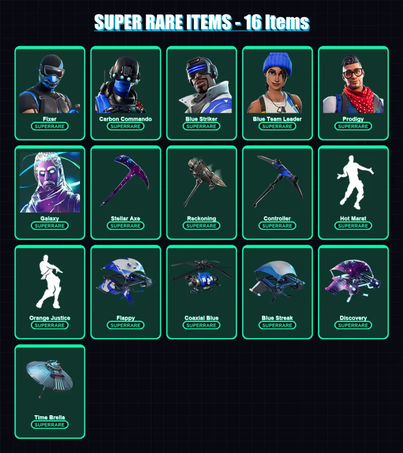 [PS4/PS5/XBOX/PC] | Fixer | Carbon Commando | Blue Striker | Blue Team Leader | Prodigy | 25 skin | 19 pickaxe | 36 emote | 33 glider | Lv502
