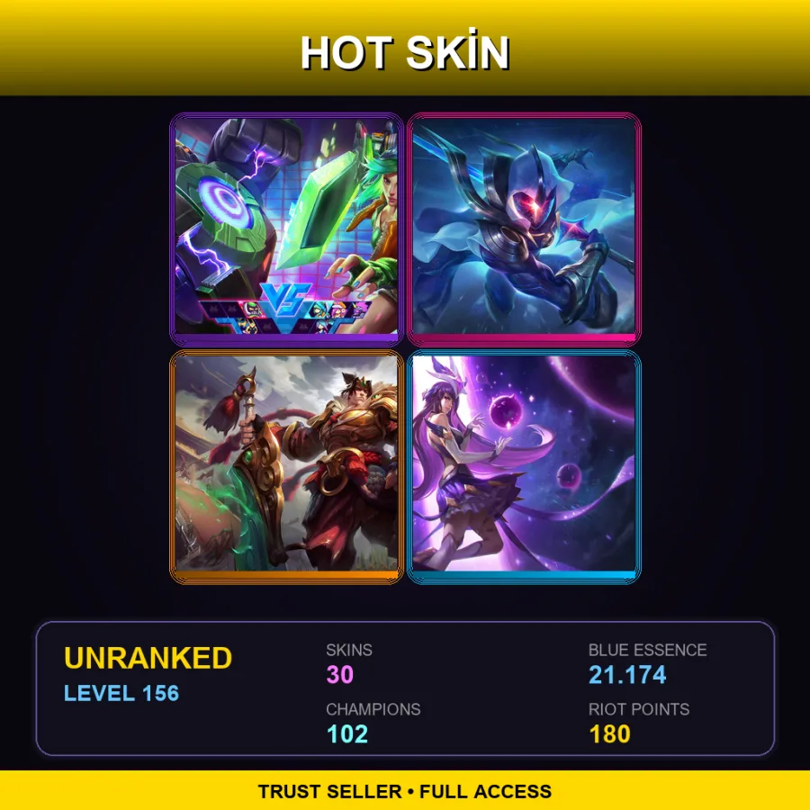 ME | Arcade Riven | Cosmic Blade Master Yi | Warring Kingdoms Garen | Star Guardian Syndra | 30 Skin | 102 Champ | Lv156
