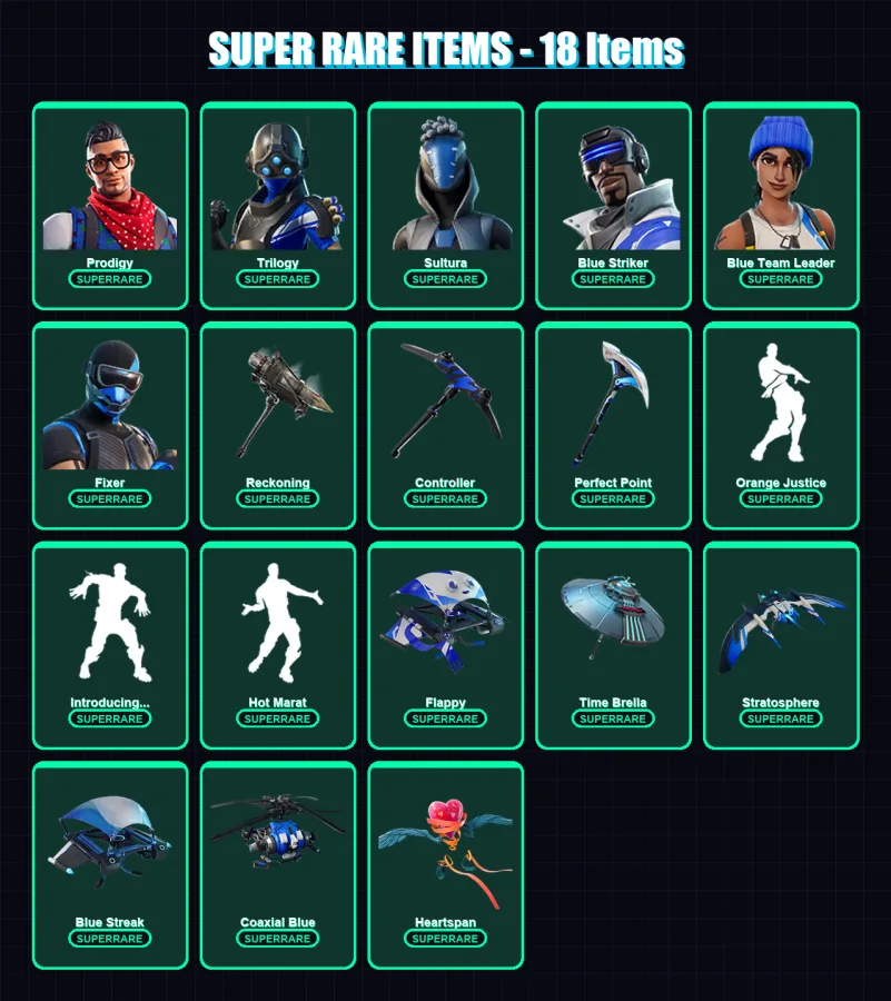 [PS4/PS5/XBOX/PC] | Prodigy | Trilogy | Sultura | Blue Striker | Blue Team Leader | 81 skin | 91 pickaxe | 92 emote | 98 glider | Lv1339