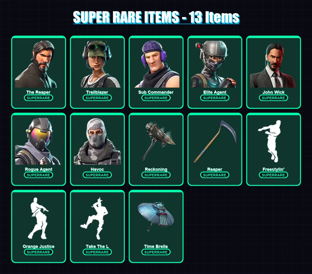 [PC/XBOX/PSN] | The Reaper | Trailblazer | Sub Commander | Elite Agent | John Wick | 103 skin | 83 pickaxe | 86 emote | 84 glider | Lv1286
