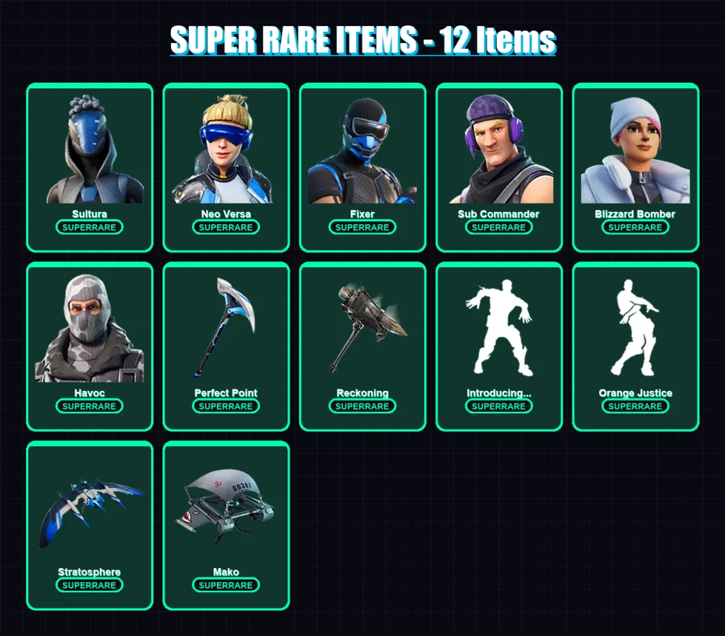 [PC/XBOX] | Sultura | Neo Versa | Fixer | Sub Commander | Blizzard Bomber | 53 skin | 44 pickaxe | 50 emote | 55 glider | Lv740