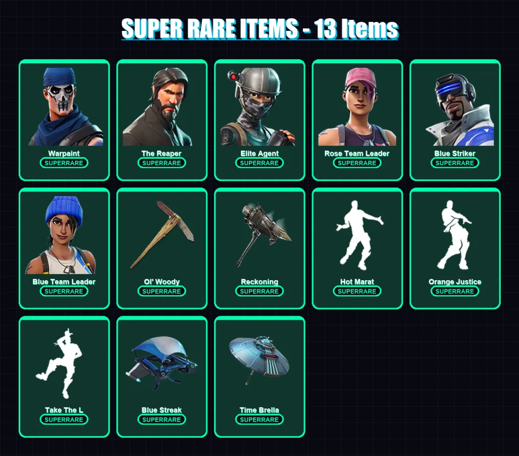 [PS4/PS5/XBOX/PC] | Warpaint | The Reaper | Elite Agent | Rose Team Leader | Blue Striker | 110 skin | 120 pickaxe | 106 emote | 109 glider | Lv1496 — Fortnite account
