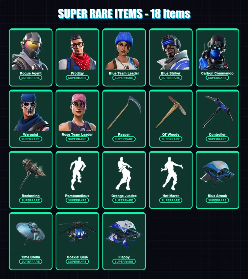 [PC/XBOX/PSN] | Rogue Agent | Prodigy | Blue Team Leader | Blue Striker | Carbon Commando | 108 skin | 98 pickaxe | 153 emote | 78 glider | Lv918