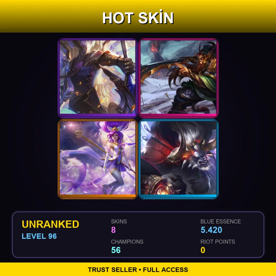 LAS | Lv96 | Unranked | 8 Skin | 56 Champ — LoL account
