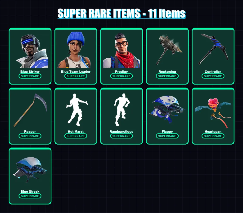 [PS4/PS5/XBOX/PC] | Blue Striker | Blue Team Leader | Prodigy | Hybrid | Dire | 54 skin | 38 pickaxe | 65 emote | 43 glider | Lv607