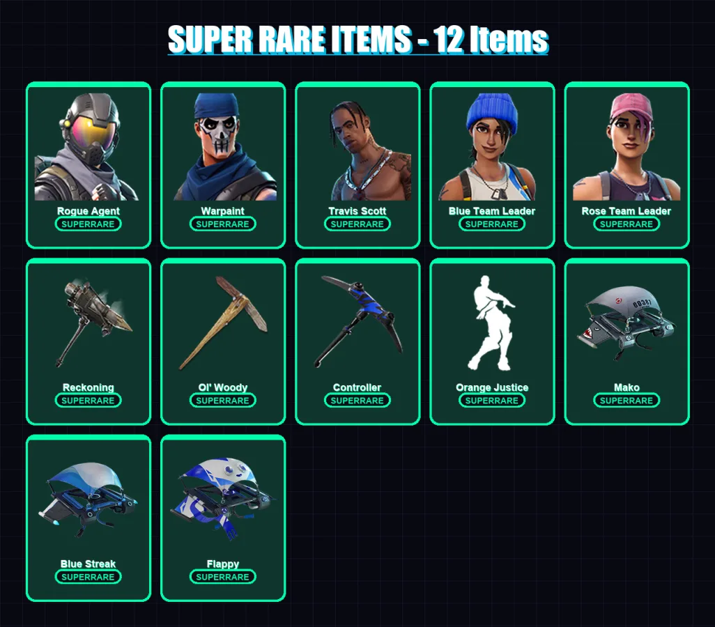 [PS4/PS5/XBOX/PC] | Rogue Agent | Warpaint | Travis Scott | Blue Team Leader | Rose Team Leader | 67 skin | 54 pickaxe | 43 emote | 55 glider | Lv81