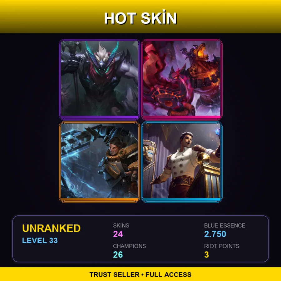 EUW | Dragon Knight Mordekaiser | Infernal Nasus | Steel Legion Garen | Arcane Inventor Jayce | 24 Skin | 26 Champ | Lv33