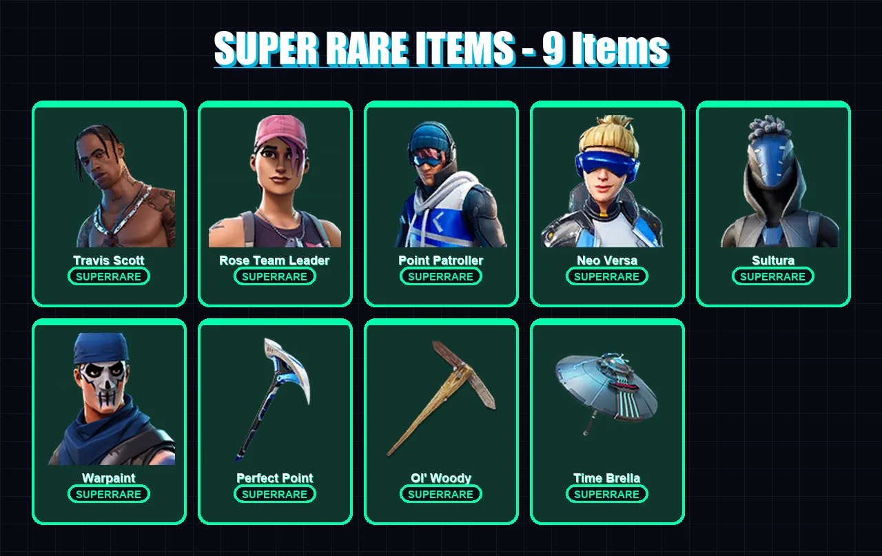 [PS4/PS5/XBOX/PC] | Travis Scott | Rose Team Leader | Point Patroller | Neo Versa | Sultura | 105 skin | 134 pickaxe | 102 emote | 118 glider | Lv19