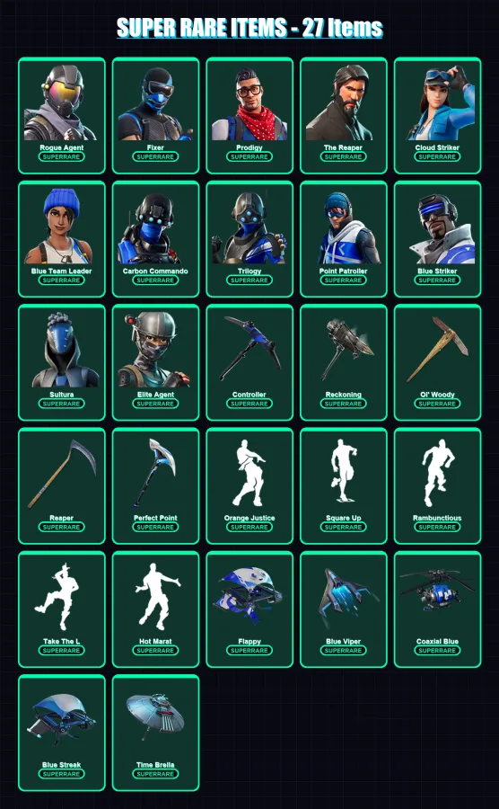 [PS4/PS5/XBOX/PC] | Rogue Agent | Fixer | Prodigy | The Reaper | Cloud Striker | 100 skin | 129 pickaxe | 125 emote | 127 glider | Lv2258