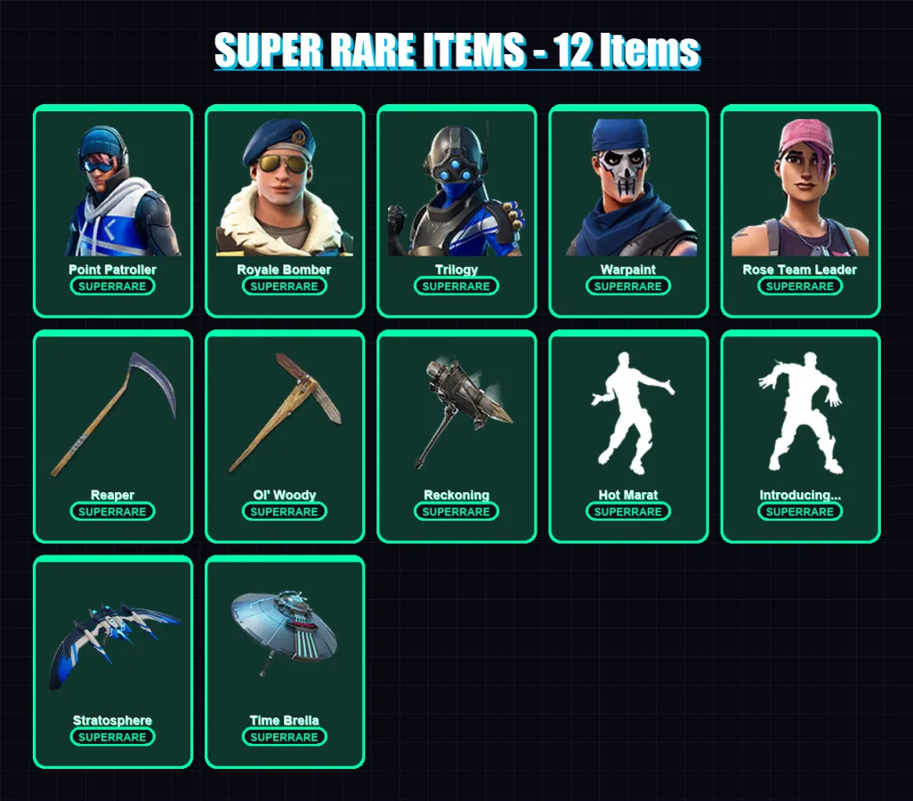 [PS4/PS5/XBOX/PC] | Point Patroller | Royale Bomber | Trilogy | Warpaint | Rose Team Leader | 84 skin | 95 pickaxe | 89 emote | 103 glider | Lv1666