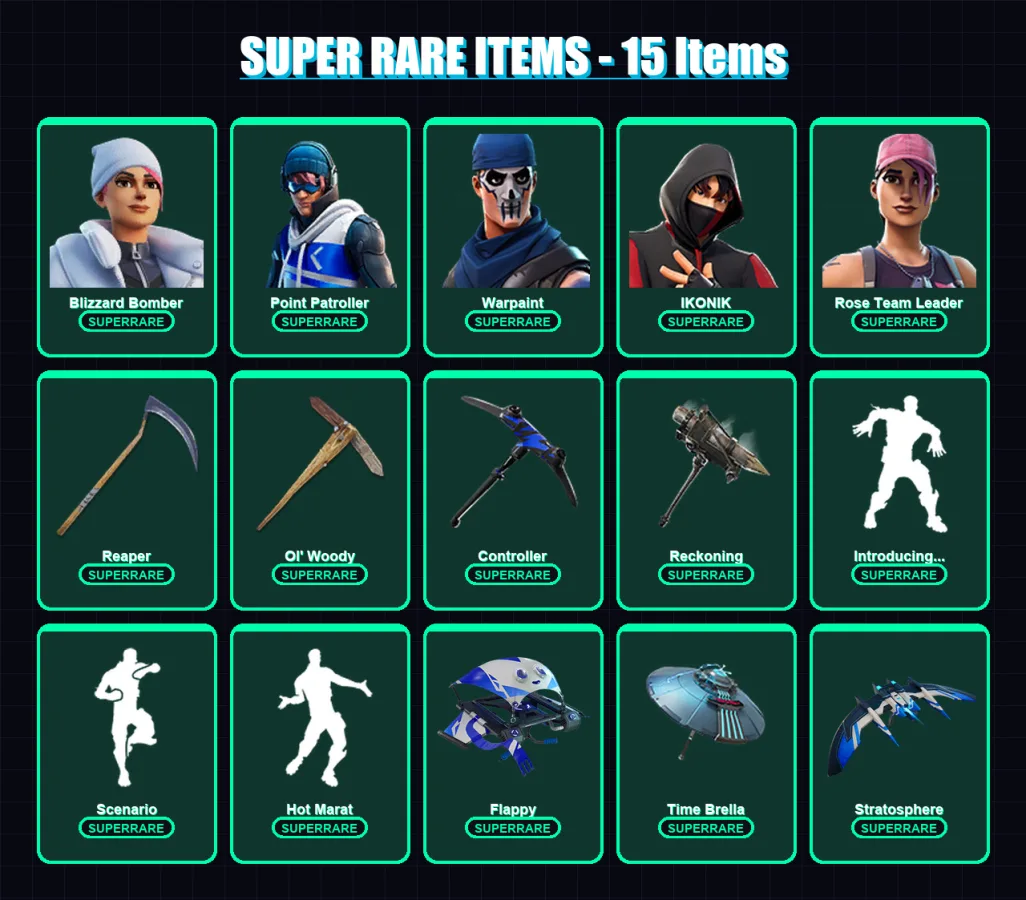 [PC/XBOX] | Blizzard Bomber | Point Patroller | Warpaint | IKONIK | Rose Team Leader | 91 skin | 101 pickaxe | 140 emote | 103 glider | Lv1692