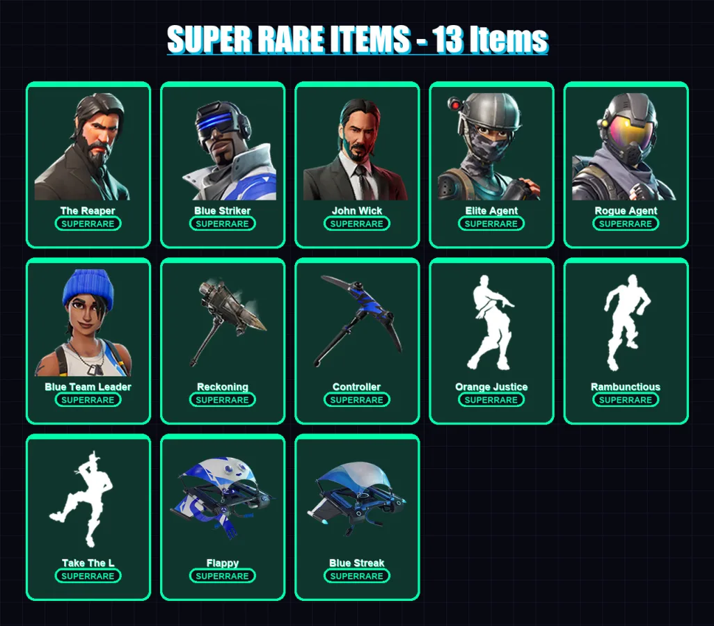 [PS4/PS5/XBOX/PC] | The Reaper | Blue Striker | John Wick | Elite Agent | Rogue Agent | 62 skin | 36 pickaxe | 48 emote | 34 glider | Lv454