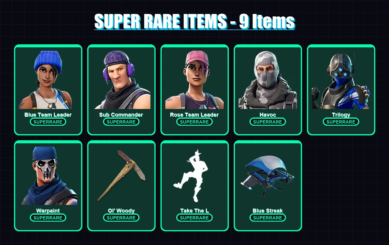 [PS4/PS5/XBOX/PC] | Blue Team Leader | Sub Commander | Rose Team Leader | Havoc | Trilogy | 10 skin | 13 pickaxe | 9 emote | 14 glider | Lv157