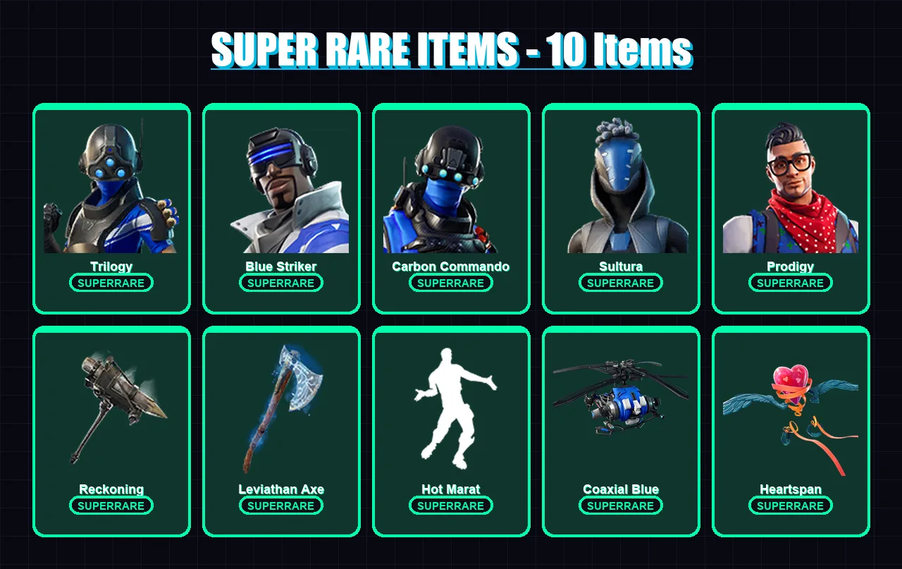 [PS4/PS5/XBOX/PC] | Trilogy | Blue Striker | Carbon Commando | Sultura | Prodigy | 94 skin | 87 pickaxe | 87 emote | 85 glider | Lv1168