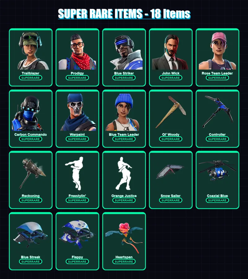 [PS4/PS5/PC] | Trailblazer | Prodigy | Blue Striker | John Wick | Rose Team Leader | 194 skin | 168 pickaxe | 121 emote | 117 glider | Lv1061
