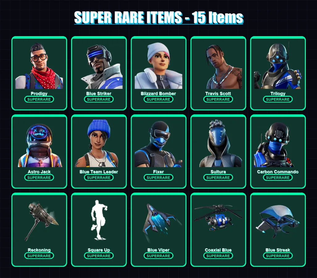 [PC/XBOX] | Prodigy | Blue Striker | Blizzard Bomber | Travis Scott | Trilogy | 90 skin | 115 pickaxe | 86 emote | 109 glider | Lv1477