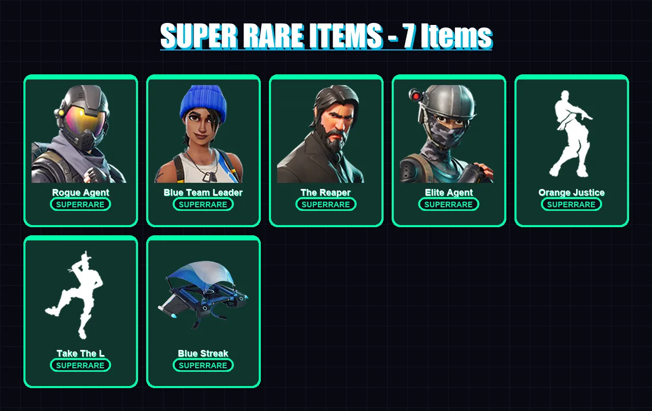 [PC] | Rogue Agent | Blue Team Leader | The Reaper | Elite Agent | Carbide | 11 skin | 6 pickaxe | 11 emote | 8 glider | Lv115