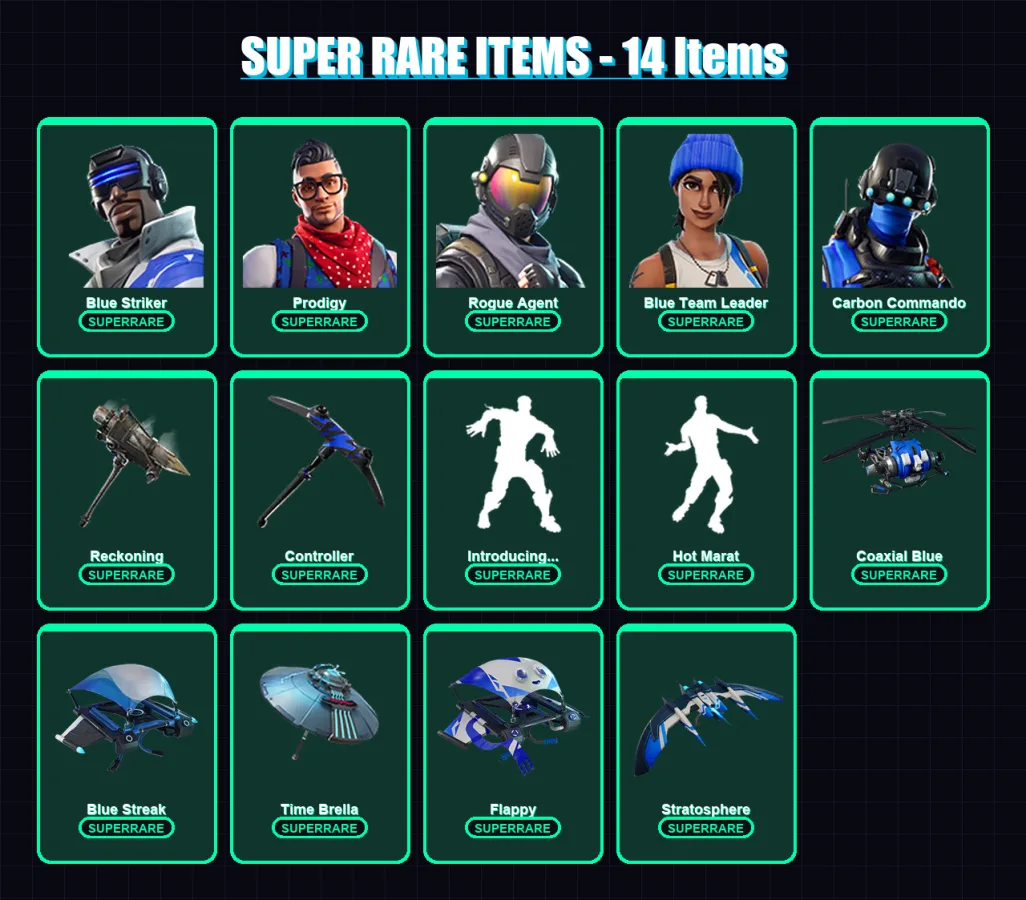 [PS4/PS5/XBOX/PC] | Blue Striker | Prodigy | Rogue Agent | Blue Team Leader | Carbon Commando | 85 skin | 70 pickaxe | 68 emote | 78 glider | Lv878