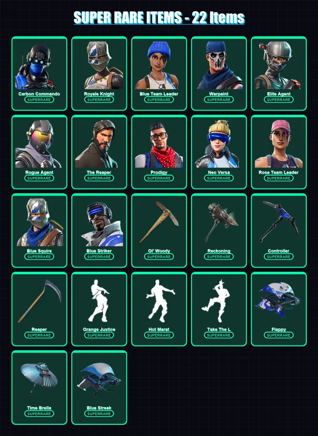 [PS4/PS5/XBOX/PC] | Carbon Commando | Royale Knight | Blue Team Leader | Warpaint | Elite Agent | 70 skin | 65 pickaxe | 77 emote | 81 glider | Lv15