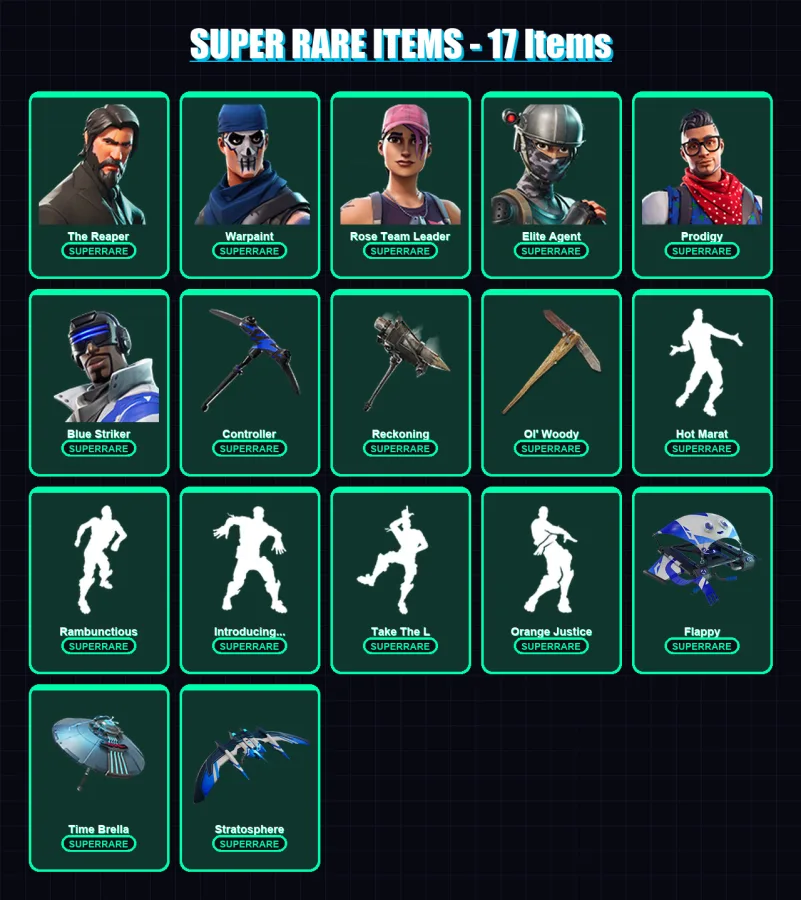 [PS4/PS5/XBOX/PC] | The Reaper | Warpaint | Rose Team Leader | Elite Agent | Prodigy | 92 skin | 112 pickaxe | 110 emote | 112 glider | Lv1788