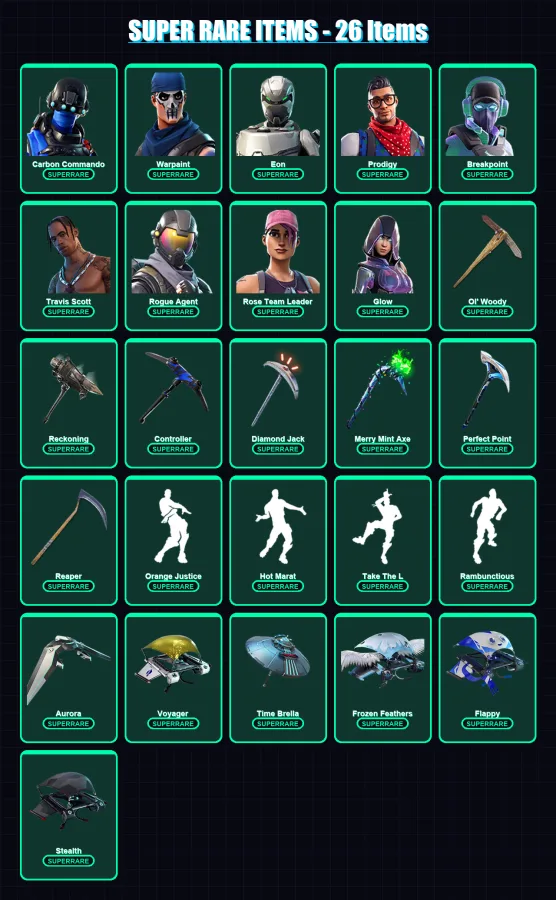 [PC/XBOX/PSN] | Carbon Commando | Warpaint | Eon | Prodigy | Breakpoint | 375 skin | 299 pickaxe | 276 emote | 213 glider | Lv2648