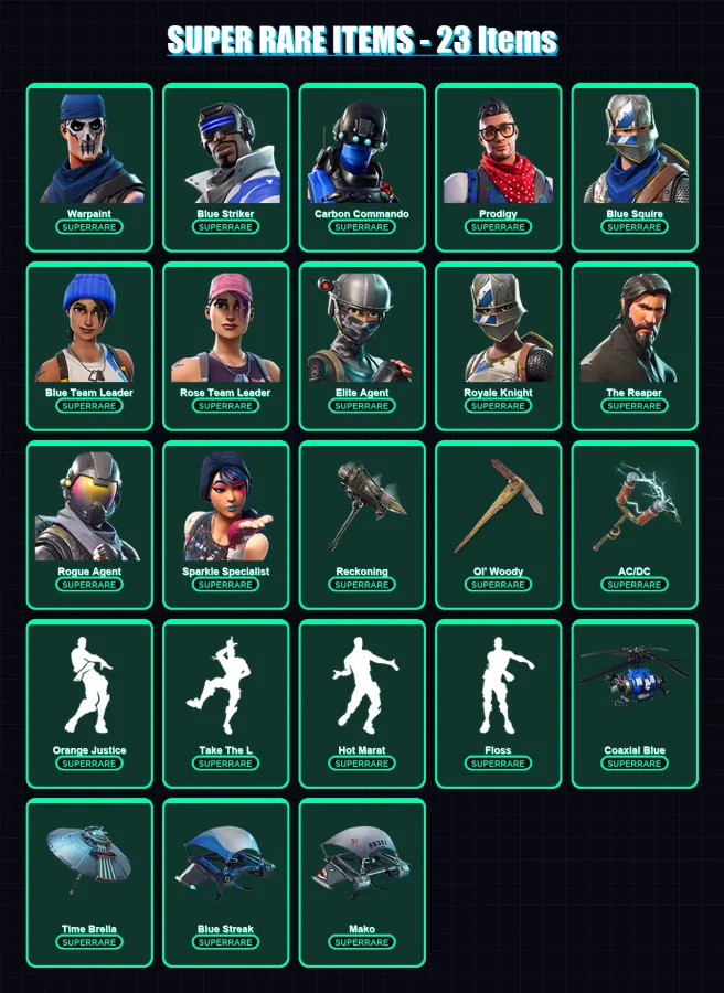 [PC/XBOX] | Warpaint | Blue Striker | Carbon Commando | Prodigy | Blue Squire | 91 skin | 126 pickaxe | 141 emote | 116 glider | Lv1870