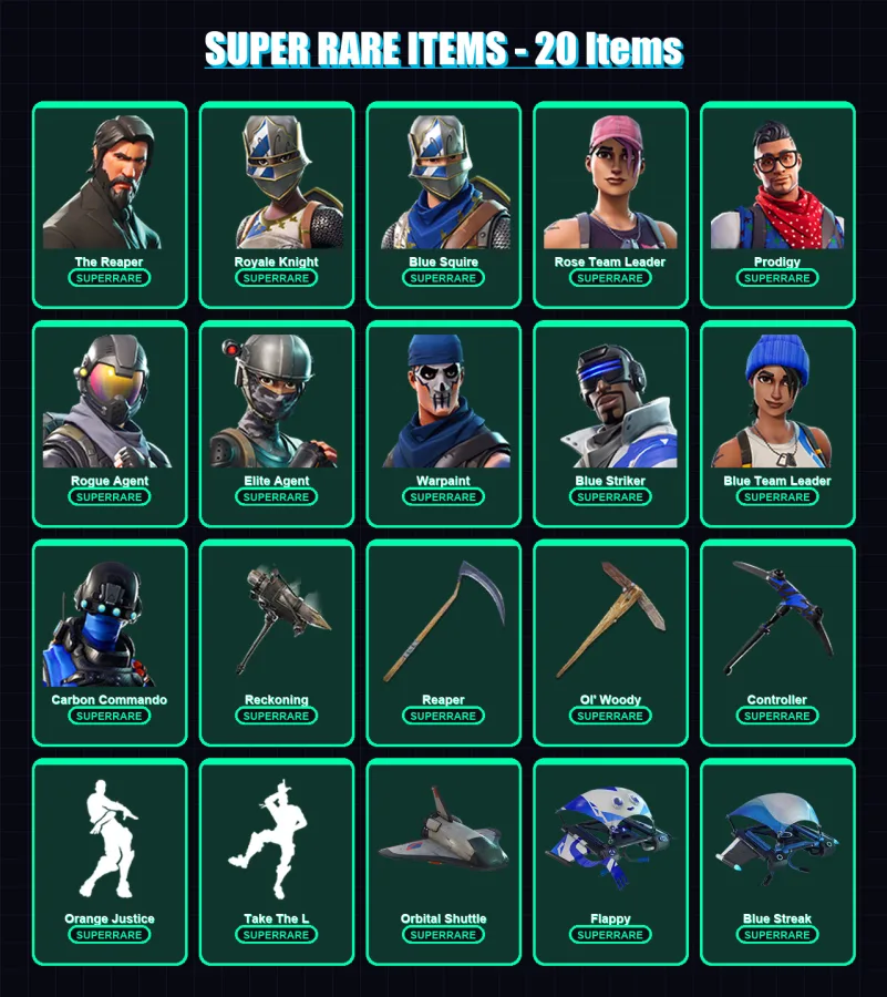 [PC] | The Reaper | Royale Knight | Blue Squire | Rose Team Leader | Prodigy | 110 skin | 96 pickaxe | 104 emote | 113 glider | Lv1431