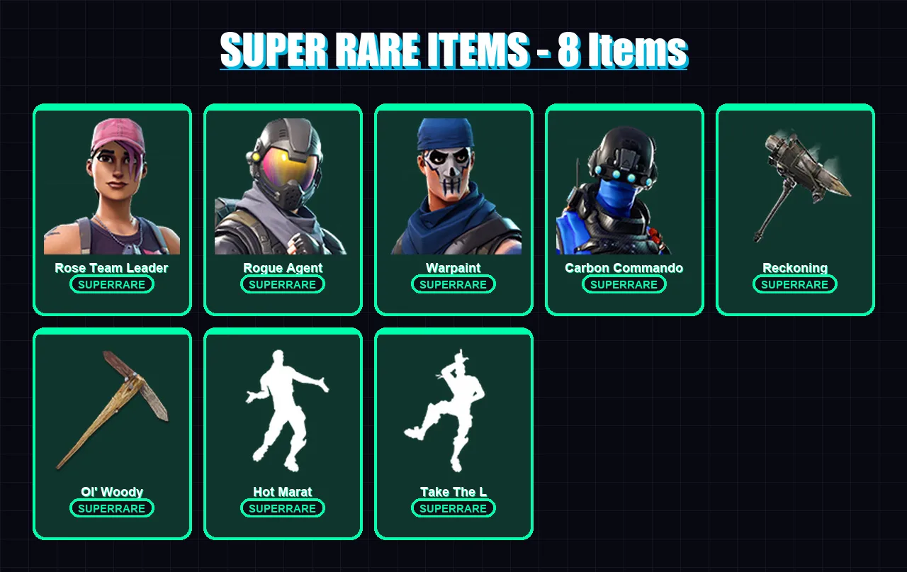 [PS4/PS5/XBOX/PC] | Rose Team Leader | Rogue Agent | Warpaint | Carbon Commando | Dark Voyager | 32 skin | 23 pickaxe | 34 emote | 27 glider | Lv358