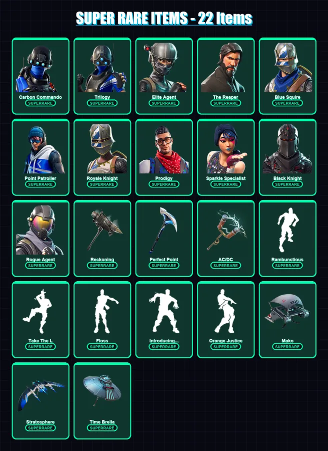 [PS4/PS5/XBOX/PC] | Carbon Commando | Trilogy | Elite Agent | The Reaper | Blue Squire | 67 skin | 52 pickaxe | 63 emote | 63 glider | Lv954