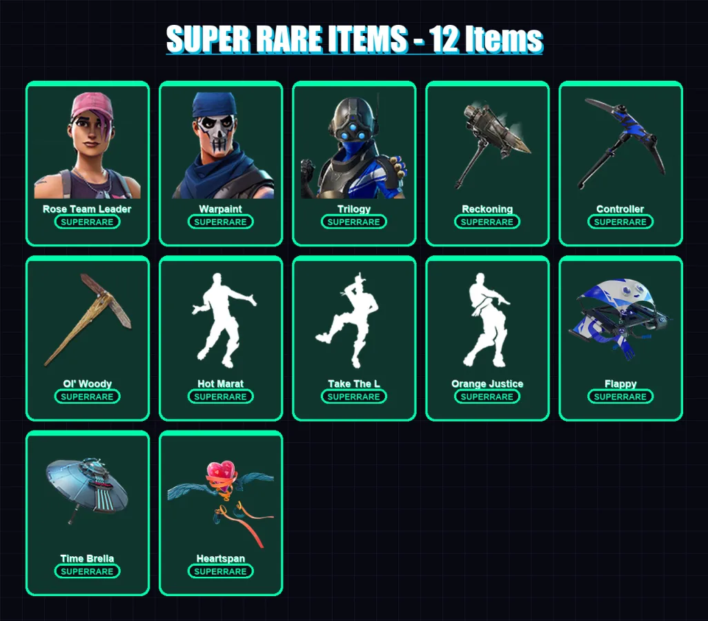 [PC/XBOX] | Rose Team Leader | Warpaint | Trilogy | Drift | The Ice King | 52 skin | 45 pickaxe | 55 emote | 49 glider | Lv561
