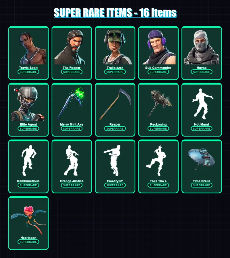 [PC/XBOX] | Travis Scott | The Reaper | Trailblazer | Sub Commander | Havoc | 105 skin | 101 pickaxe | 131 emote | 103 glider | Lv1770