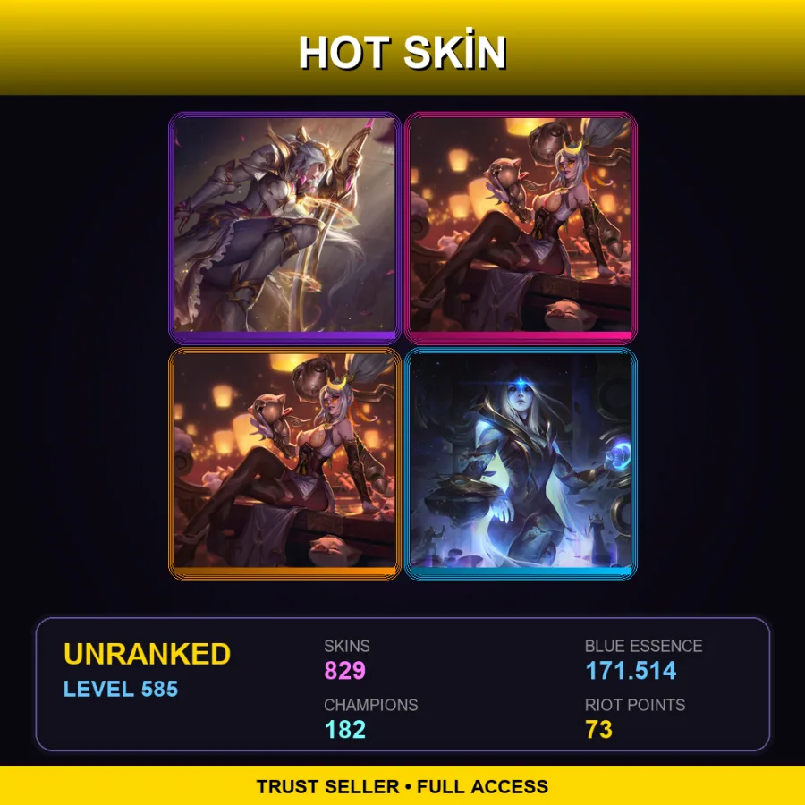EUW | Lv585 | Unranked | 829 Skin | 182 Champ
