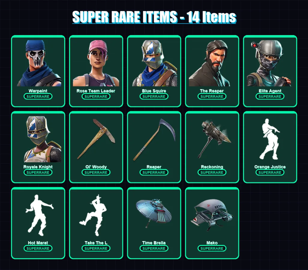 [PC/PSN] | Warpaint | Rose Team Leader | Blue Squire | The Reaper | Elite Agent | 80 skin | 62 pickaxe | 94 emote | 78 glider | Lv1137 — Fortnite account