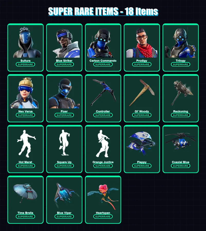 [PS4/PS5/XBOX/PC] | Sultura | Blue Striker | Carbon Commando | Prodigy | Trilogy | 216 skin | 240 pickaxe | 254 emote | 181 glider | Lv2546
