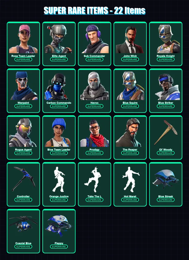 [PC/XBOX/PSN] | Rose Team Leader | Elite Agent | Sub Commander | John Wick | Royale Knight | 50 skin | 34 pickaxe | 50 emote | 40 glider | Lv398