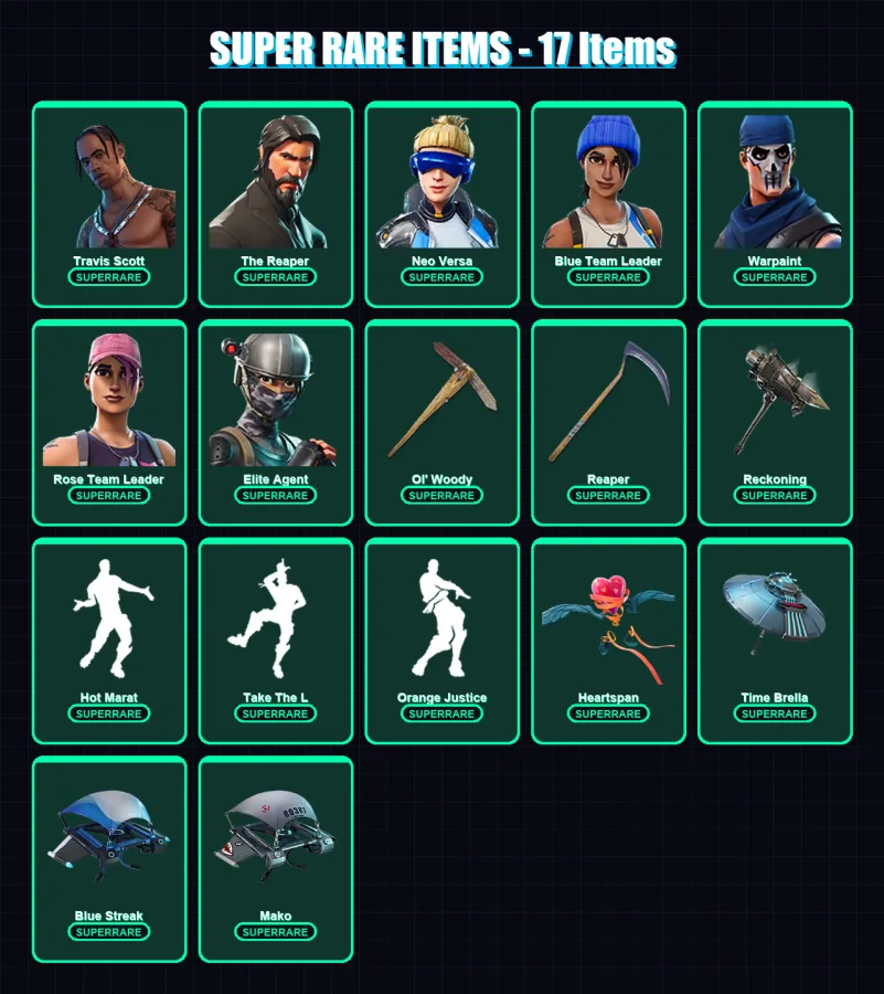 [PS4/PS5/XBOX/PC] | Travis Scott | The Reaper | Neo Versa | Blue Team Leader | Warpaint | 239 skin | 260 pickaxe | 249 emote | 229 glider | Lv4146 — Fortnite account