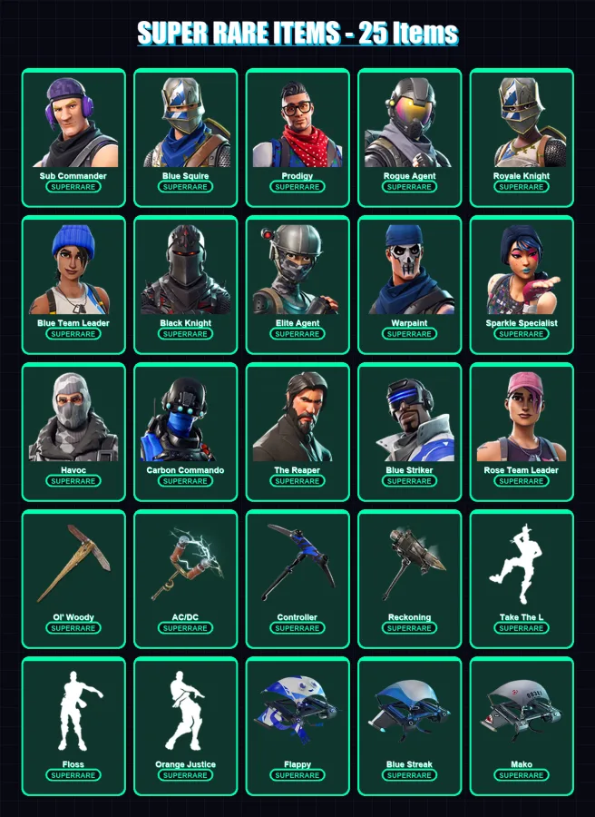 [PC/XBOX/PSN] | Sub Commander | Blue Squire | Prodigy | Rogue Agent | Royale Knight | 60 skin | 37 pickaxe | 57 emote | 46 glider | Lv527