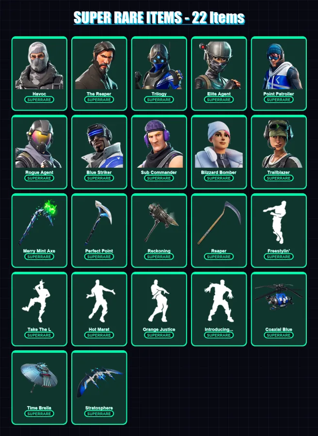 [PS4/PS5/XBOX/PC] | Havoc | The Reaper | Trilogy | Elite Agent | Point Patroller | 110 skin | 106 pickaxe | 84 emote | 100 glider | Lv1545