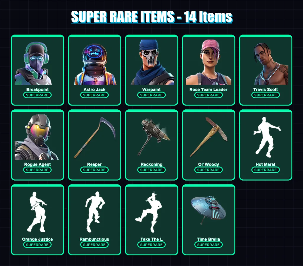 [PS4/PS5/XBOX/PC] | Breakpoint | Astro Jack | Warpaint | Rose Team Leader | Travis Scott | 207 skin | 159 pickaxe | 217 emote | 148 glider | Lv2630