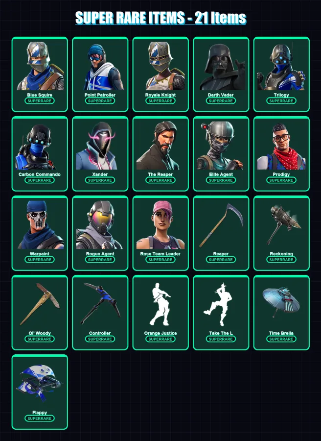 [PC] | Blue Squire | Point Patroller | Royale Knight | Darth Vader | Trilogy | 214 skin | 192 pickaxe | 173 emote | 187 glider | Lv2603
