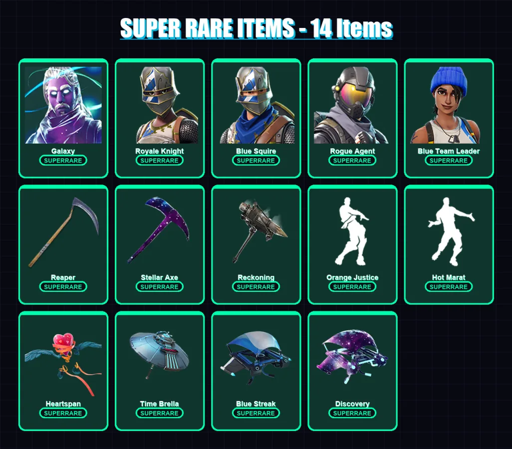[PC/PSN] | Galaxy | Royale Knight | Blue Squire | Rogue Agent | Blue Team Leader | 208 skin | 204 pickaxe | 179 emote | 165 glider | Lv2598