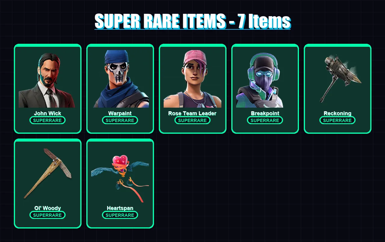 [PC/XBOX/PSN] | John Wick | Warpaint | Rose Team Leader | Breakpoint | Singularity | 58 skin | 41 pickaxe | 53 emote | 43 glider | Lv360